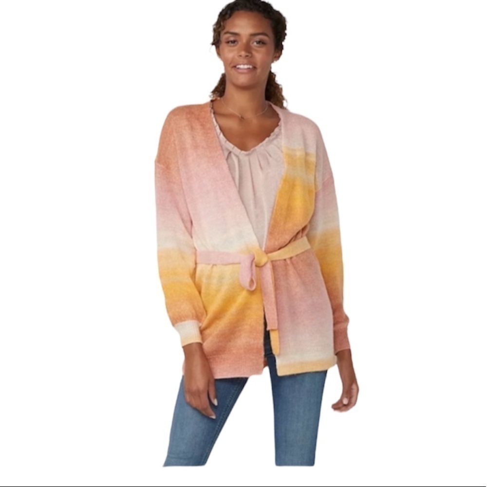 LC Lauren Conrad Womens Pink Ombre Belted Knit Cardigan Sweater Sz XL New
